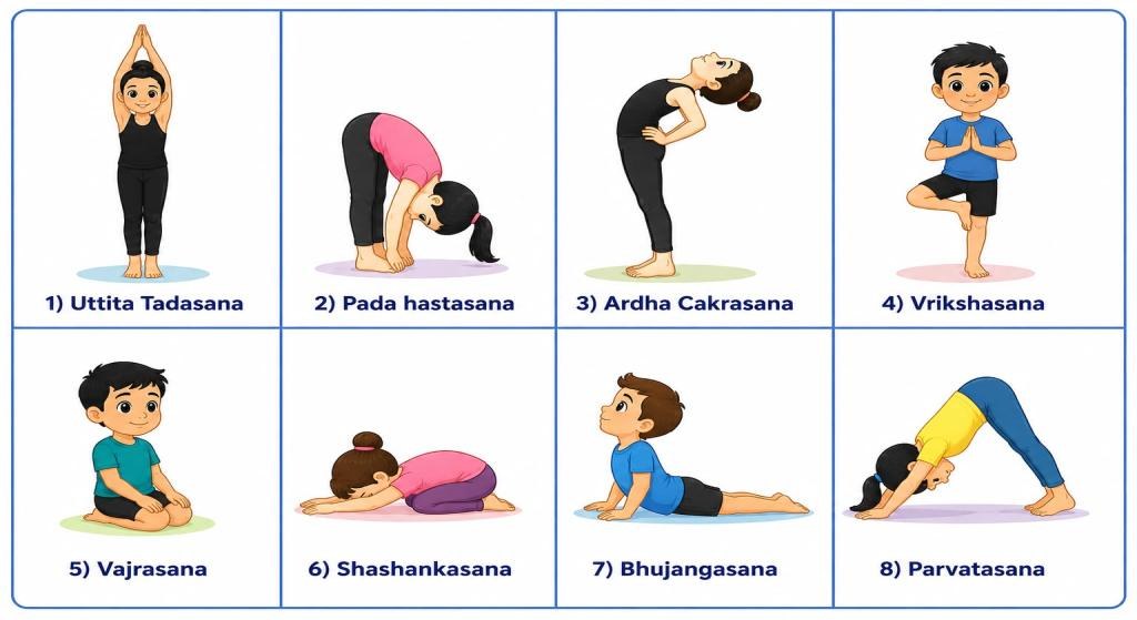 Eight asanas shown by cartoon children: 1 Uttita Tadasana, 2 Pada hastasana, 3 Ardha Chakrasana, 4 Vrikshasana, 5 Vajrasana, 6 Shashankasana, 7 Bhujangasana, 8 Parvatasana